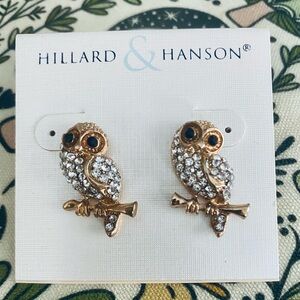 Hillard & Hanson Gold Tone Owl Stud Earrings with Clear Crystals